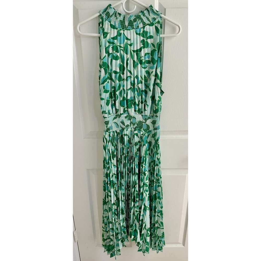 Halogen Women's cocktail wedding Guest Boho Floral Green Gold Pleated‎ Dress Med